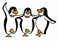 Dancing Penguins by Moini - Three happy penguins with coloured bow ties dancing the syrtaki 