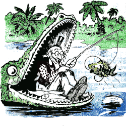 fishing in the gator's mouth by j4p4n - A man sits in an alligators mouth and fishes. Uh huh. Yeah. It's all that and more. What an odd idea for an image. Synthesized and colorized from an old 1905 insane comic. Really, what were they thinking?