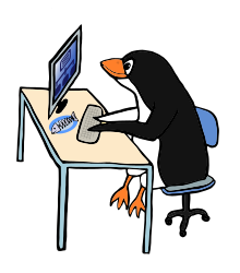 Penguin Admin by Moini - Penguin working on his computer, seems to be the admin of a network, used yves_guillou_fish_sheleton.svg and network-blue.svg.