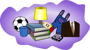 Rummage Sale items soccer ball, cup, book,lamp, overalls,suit, Free image