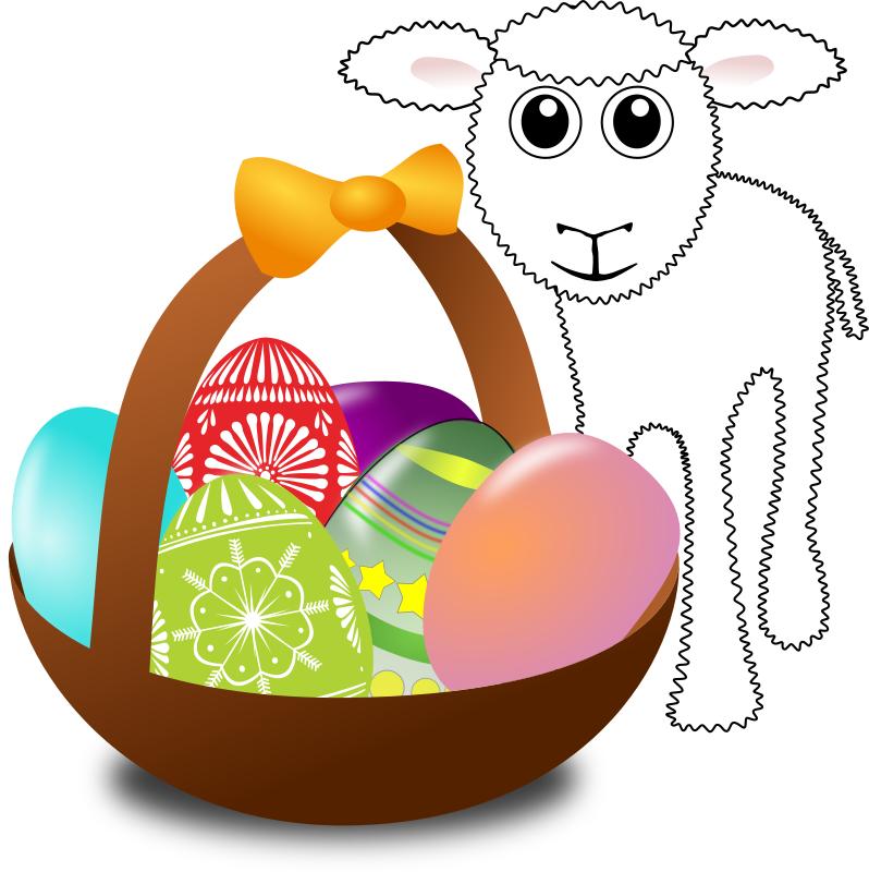 Funny lamb with Easter eggs in a basket