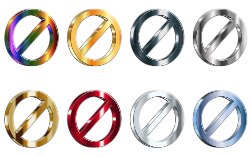 3D Shiny Metallic No Signs (Set Of 8) With Reverse Shading