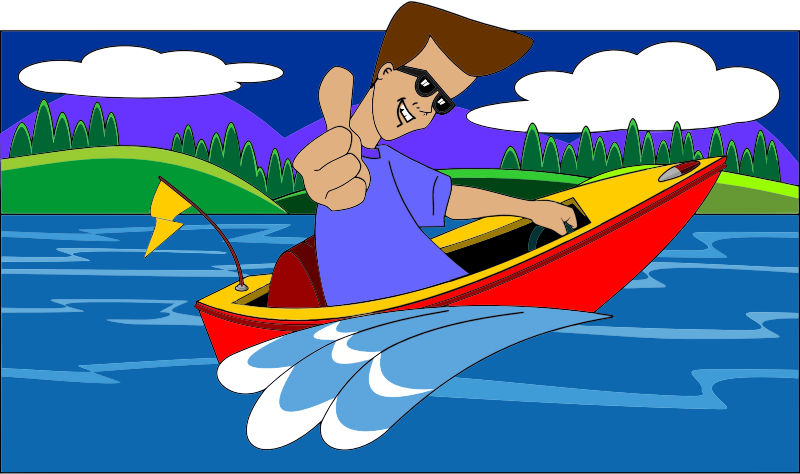 Thumbs Up Boy In Speed Boat With Landscape