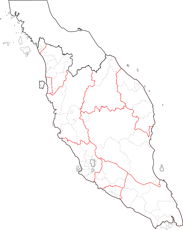 Blank map of Peninsular Malaysia (fixed and updated, with southern Thailand)