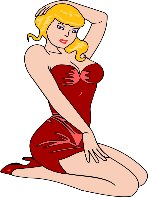 Woman kneeling (light skin, red dress, blonde hair)