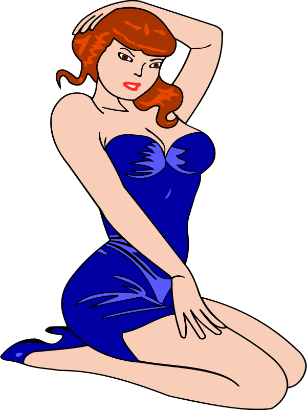 Woman kneeling (light skin, blue dress, red hair)
