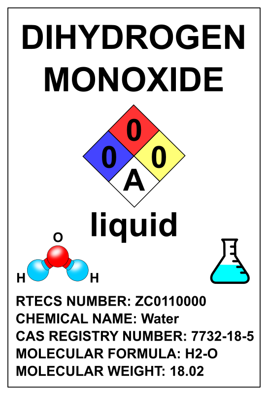 Dihydrogen monoxide - funny water bottle label
