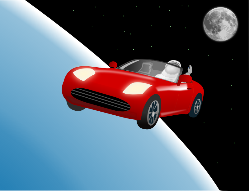 Red roadster car in space
