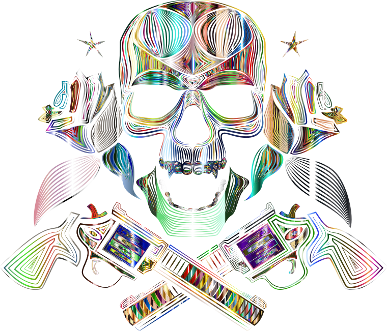 Flowers And Firearms Skull Line Art Psychedelic No BG