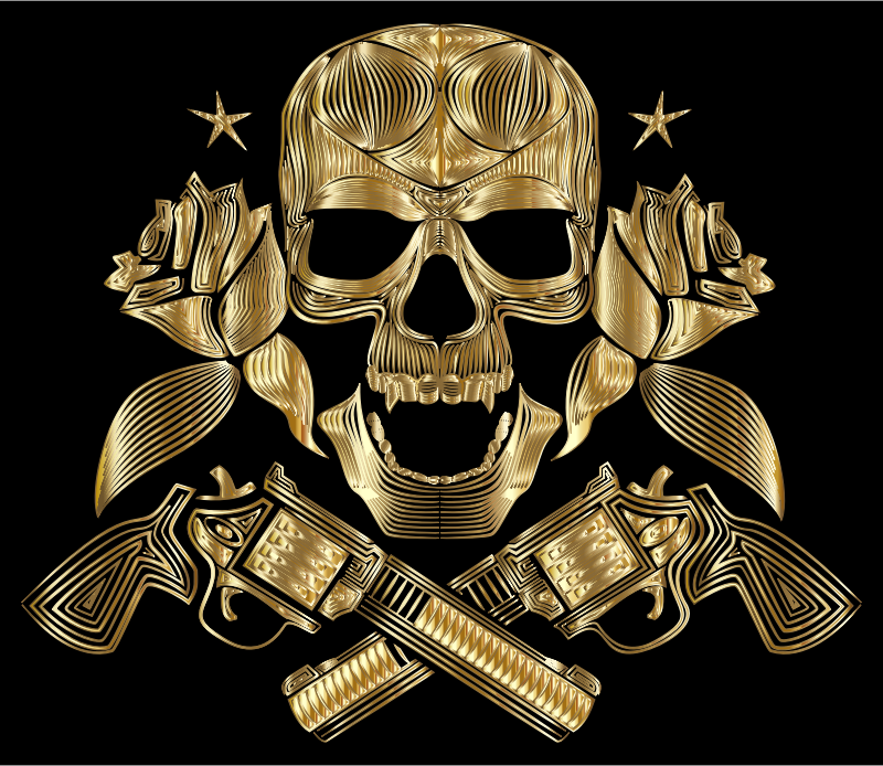 Flowers And Firearms Skull Line Art Gold
