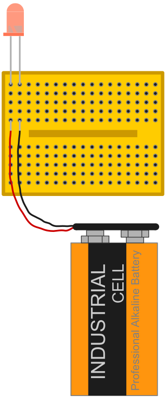 red led with 9 V battery connected via breadboard