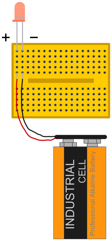 red led with 9 V battery connected via breadboard with polarity