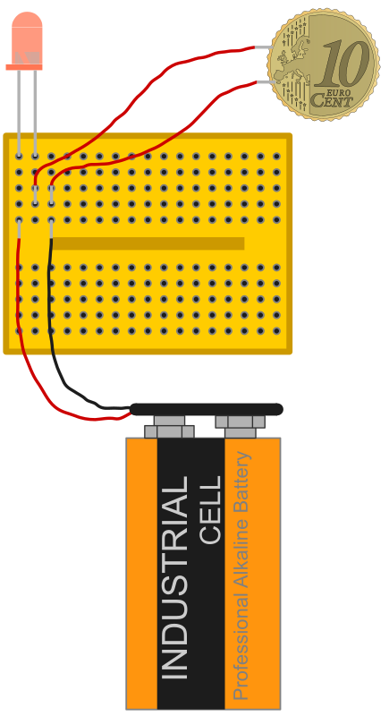 red led with 9 V battery connected via breadboard and coin
