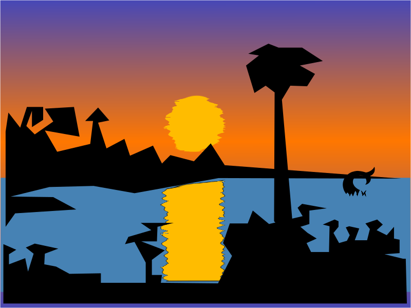 Sunset with the sun, solar road, silhouettes, water and mermaid