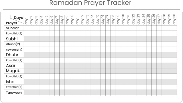 Ramadan prayer tracker sheet for print A4