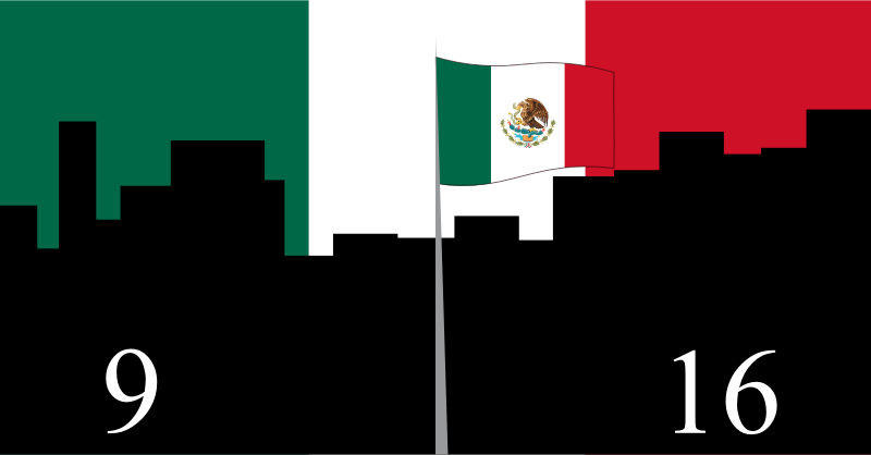 Flag of Mexico flying over a city