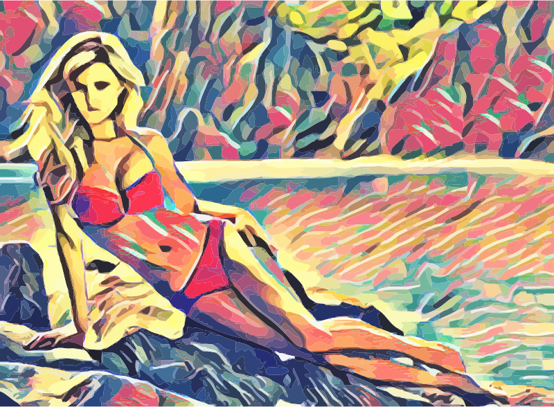 woman sunbathing by river abstract art