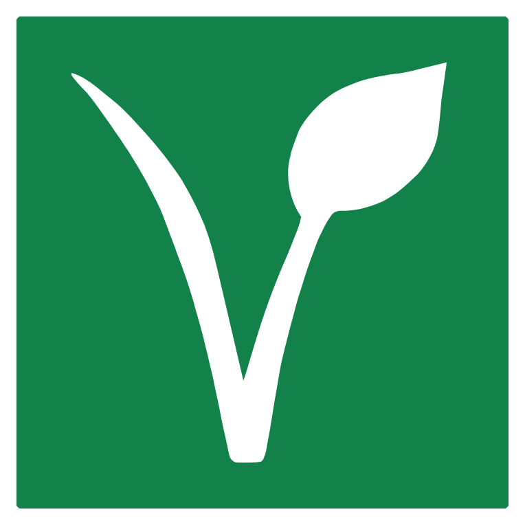 vegan v leaf white on green square with border 
