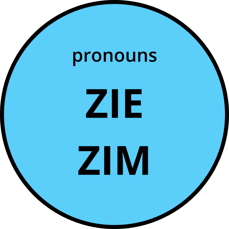 Zie / zim nonbinary pronouns round badge in trans pride blue