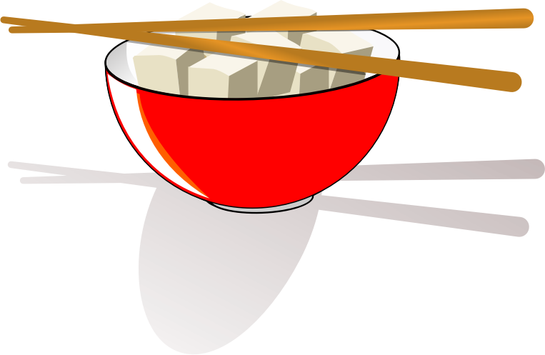 Red bowl of Chinese tofu with shadows on chopsticks 