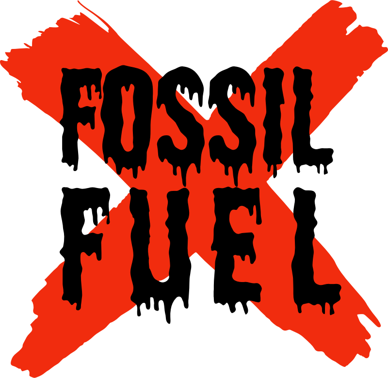 Red X with black oil style fossil fuel writing