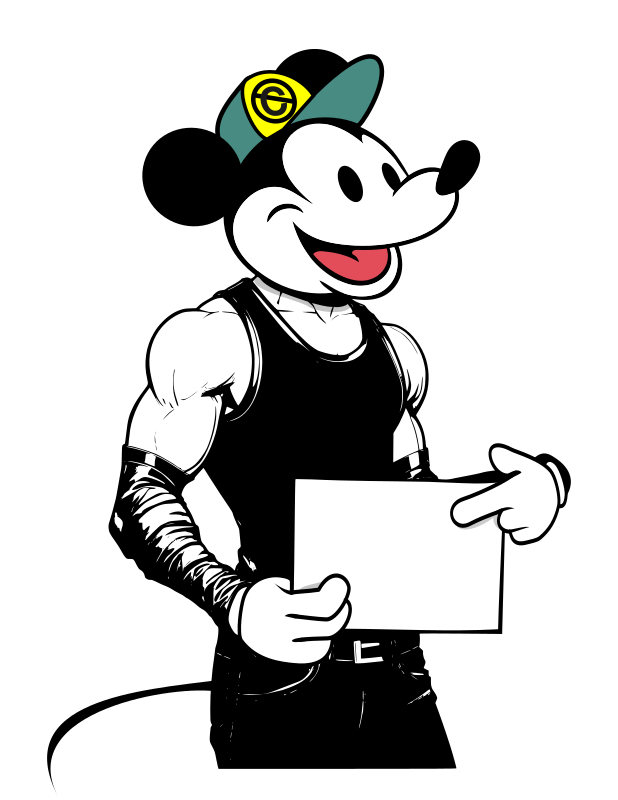 Steamboat Willie holding a sign