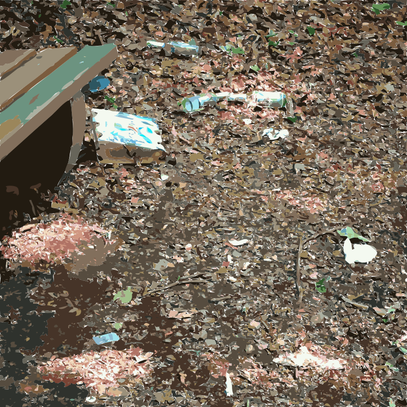 Garbage around a forest bench