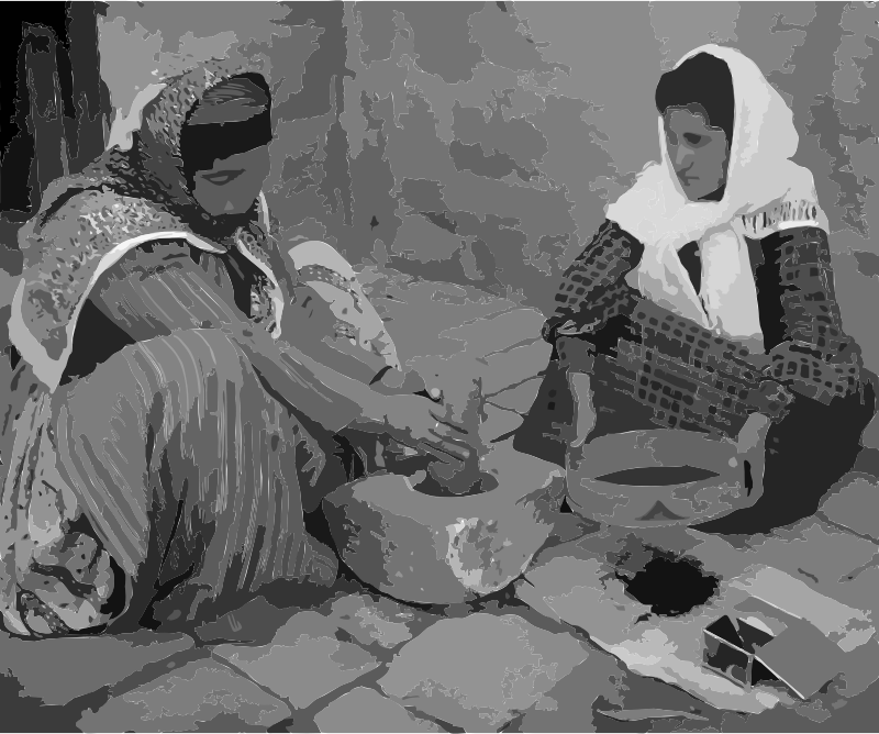 Palestinian women grinding coffee beans
