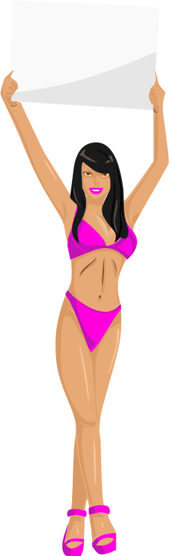 Girl with sign (pink bikini, black hair, light skin)