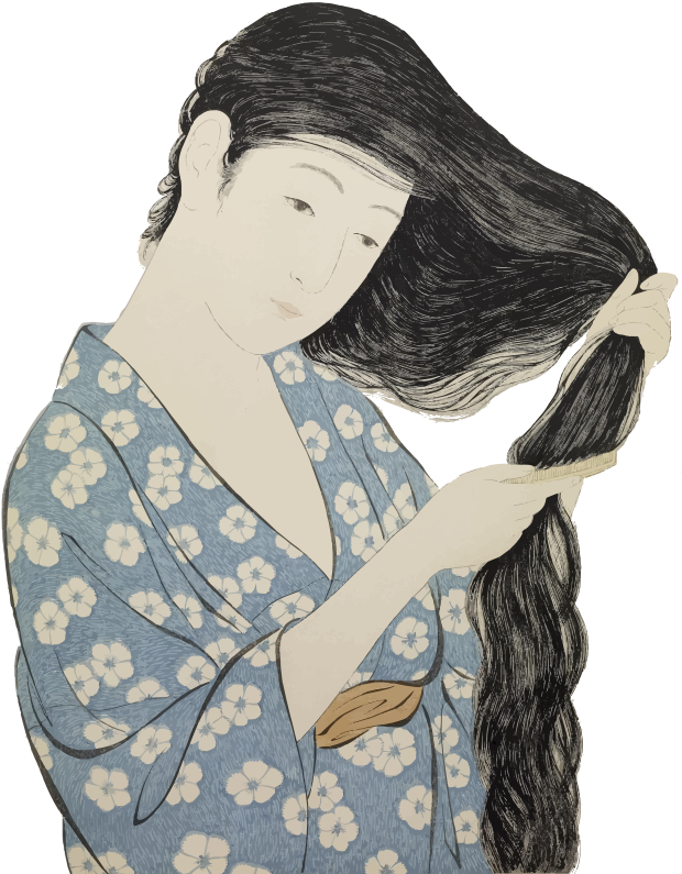 Hashiguchi Goyo Woman In Blue Combing Her Hair