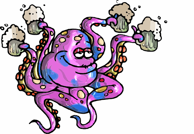 An Octopus drinking beer