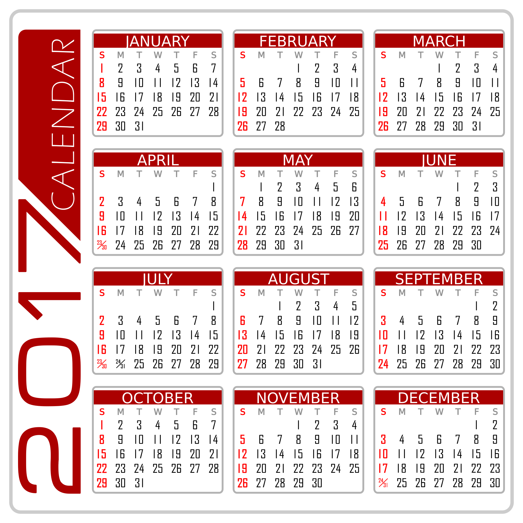 Calendar 17 English Version White And Red I Openclipart