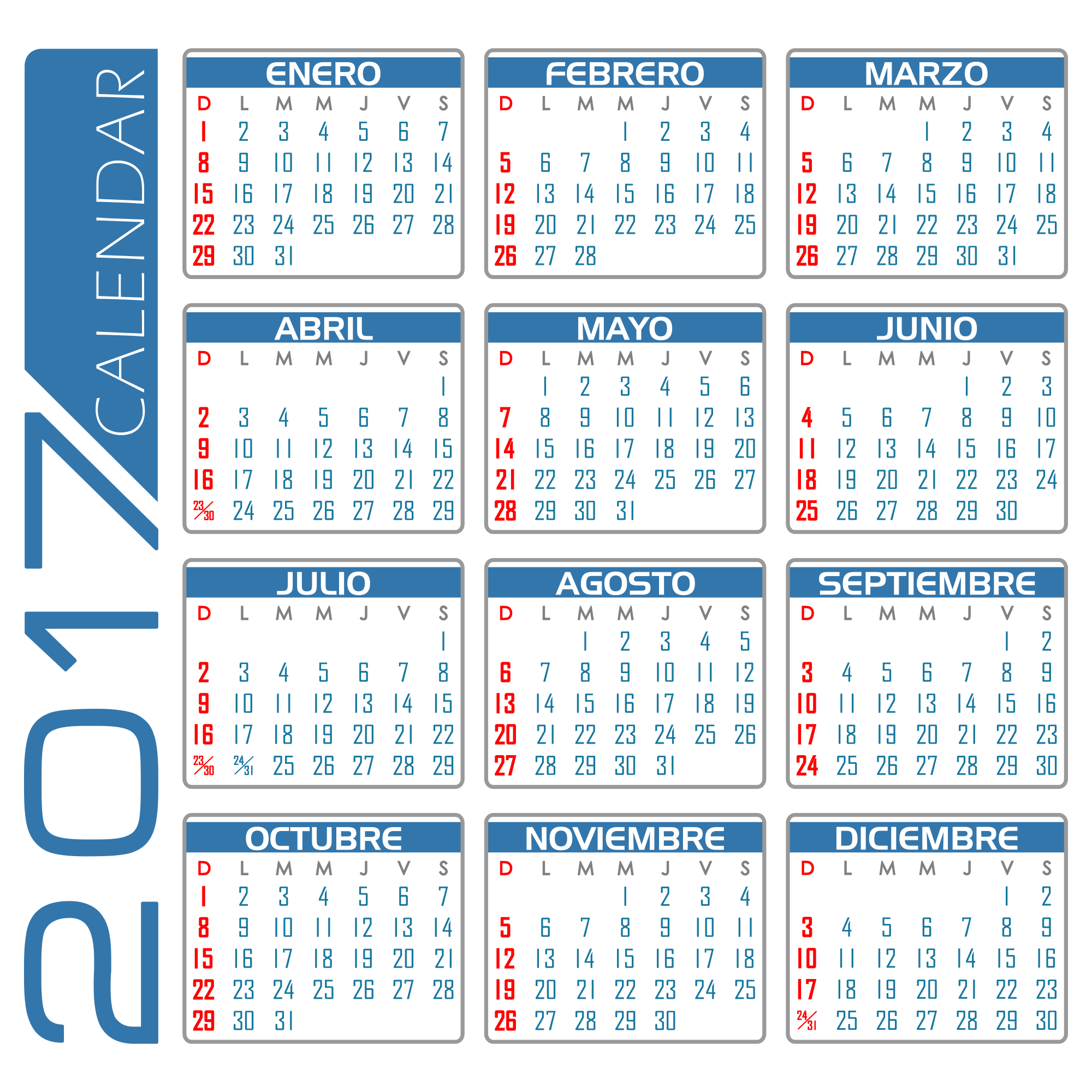 Calendario 2017 Espa ol Blanco y Azul Openclipart