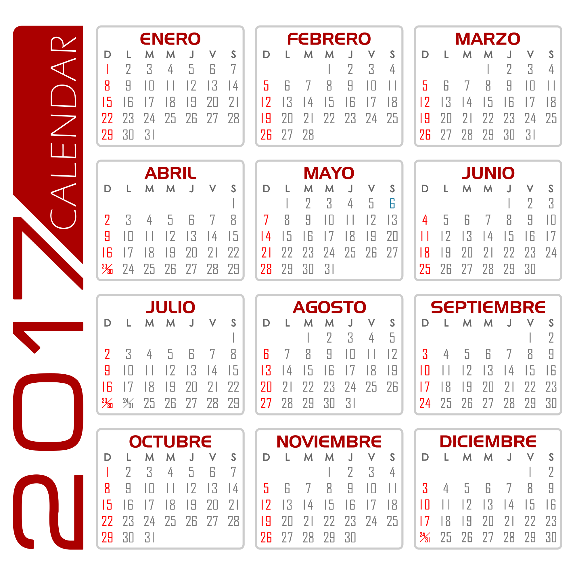 Calendario 2017 – Español (Blanco y Openclipart