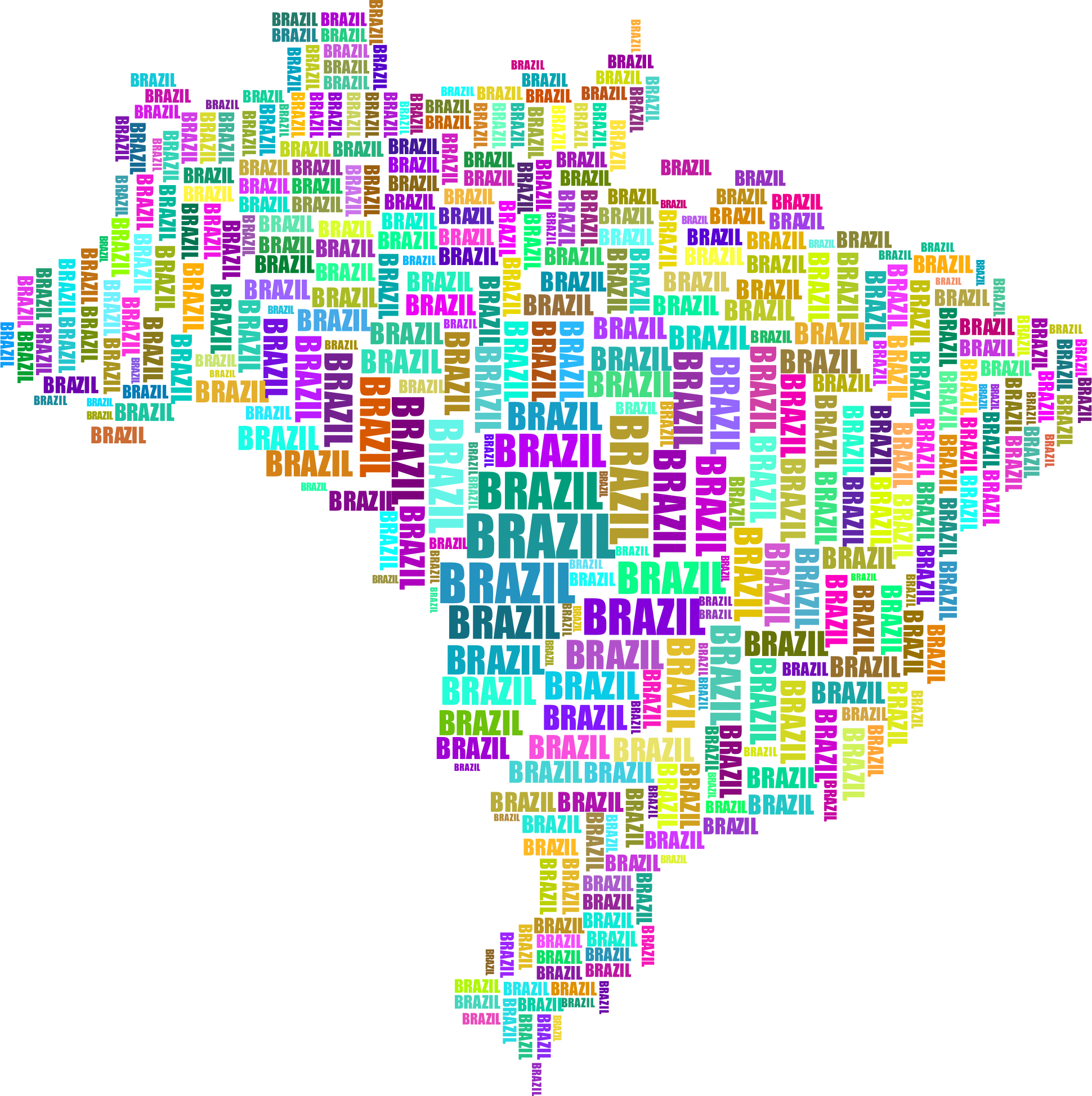 Brazil shape filled with country name in many languages. Brazil map in  word..: Graphic #247920041