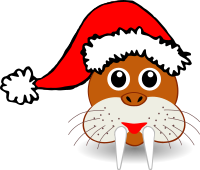 Funny walrus face with Santa Claus hat
