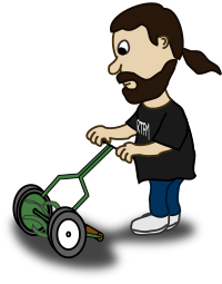 Comic characters: Guy pushing reel mower