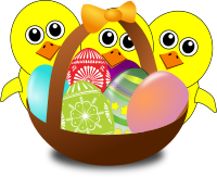 Funny Chicks Cartoon with Easter eggs in a basket