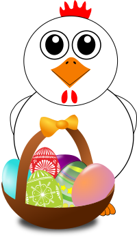 Funny Chicken with a basket full of Easter Eggs