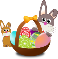 Funny bunny face with Easter eggs in a basket with baby rabbit