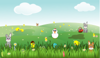 Easter Landscape with bunnies, chicks, eggs, chicken, flowers