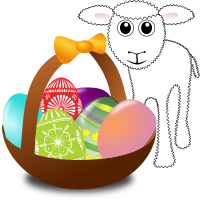 Funny lamb with Easter eggs in a basket