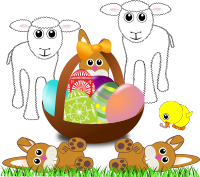 Funny lambs, bunnies and chick with Easter eggs in a basket