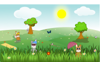 Summer green and sunny landscape with bunnies, trees, flowers, butterfly, apples, sports, ...