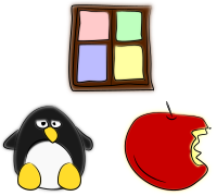 Window, penguin and apple