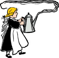 girl carries big steaming coffee pot