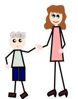 The boy is holding his mother's hand