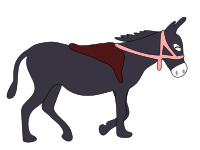 donkey is smiling with a saddle and a pink bridle