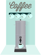 Coffee Percolator, Cups, and Sign