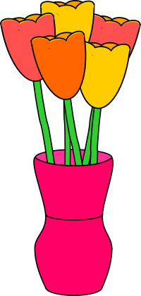 Pink vase of multicolored tulips